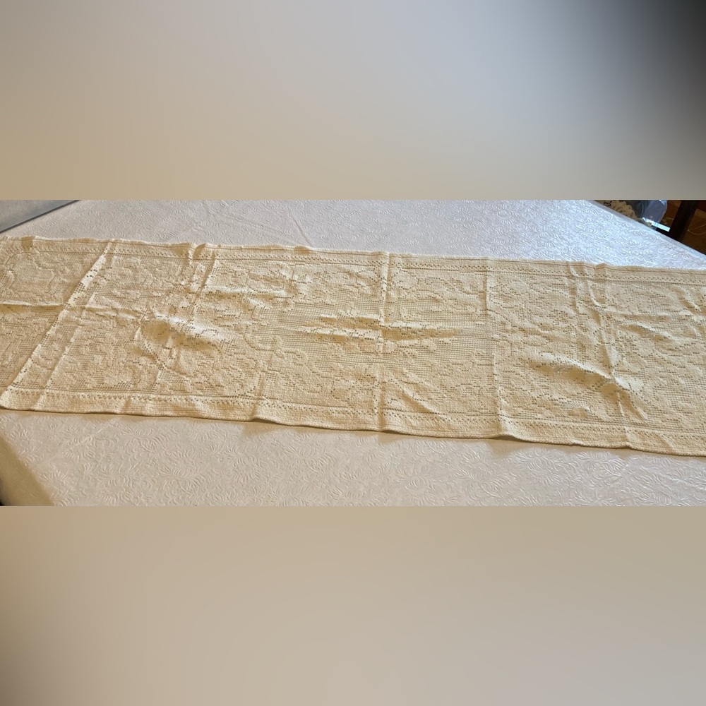 Vintage Cream Crocheted Table Runner 1960s or 1970s